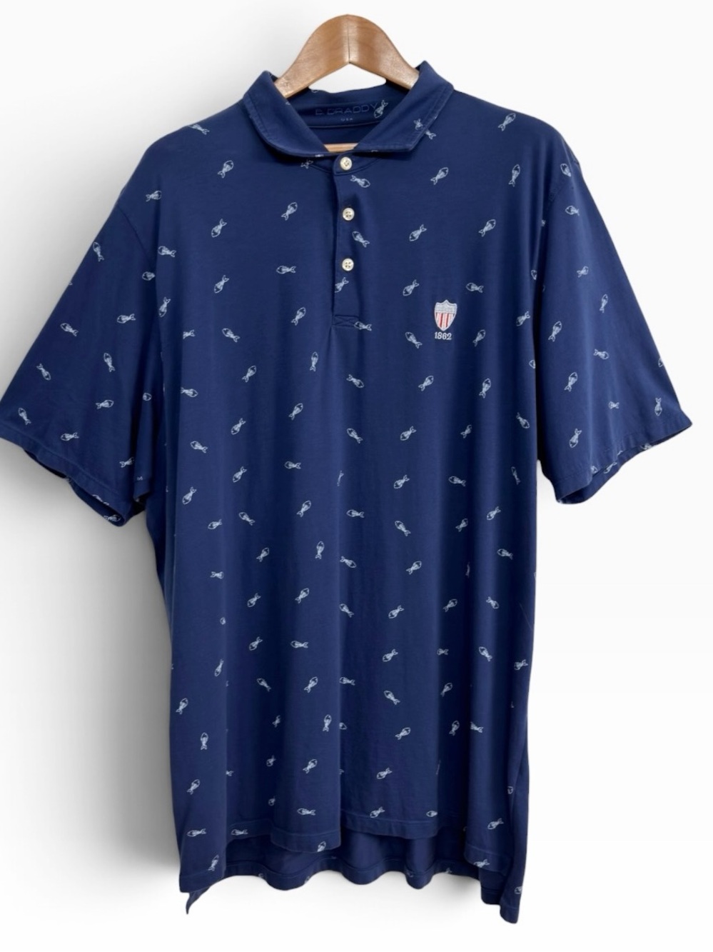 B. Draddy Mens XL Navy Pima Cotton Fish Print Golf Polo Shirt Preppy Coastal USA